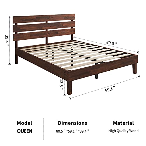 Crisinant Wood Bed Frame With Headboard/Solid Wooden Platform Bed/Sturdy Wood Foundation/No Box Spring Needed/No Noise / 14 Inch, Queen #TOP1