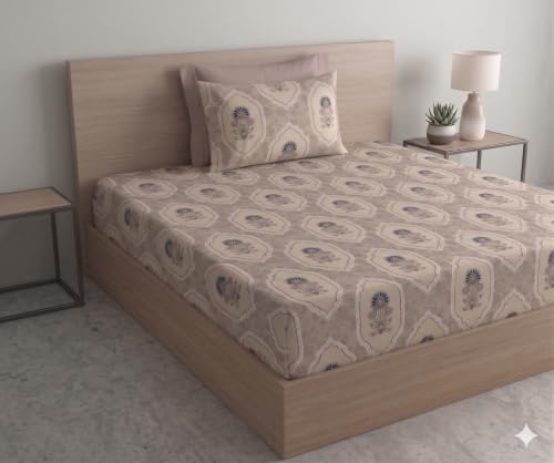 Image of DECOMIZER Cotton Feel All Around Elastic Fitted Glace Printed Single Bed Bedsheet with 1 Large Pillow Cover Fits Upto Mattress of 6 Inches,Size - 42 x 75 x 8 Inches, Beige Vase Flower