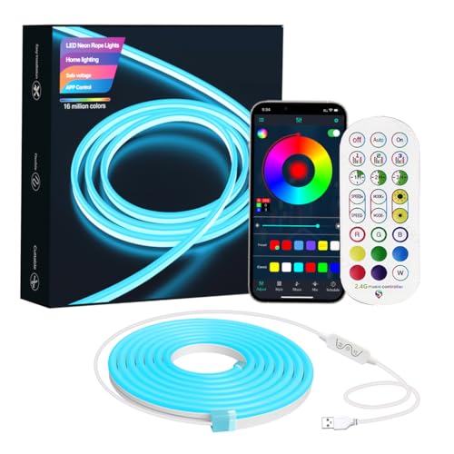 Image of Neon USB Strip Light, 2 Meter, 5V Adapter - 200+ Dynamic Modes, Music Sync, App & Motion Sensor Control, USB-C, Flexible Waterproof LED Rope Light (RGB (5M))