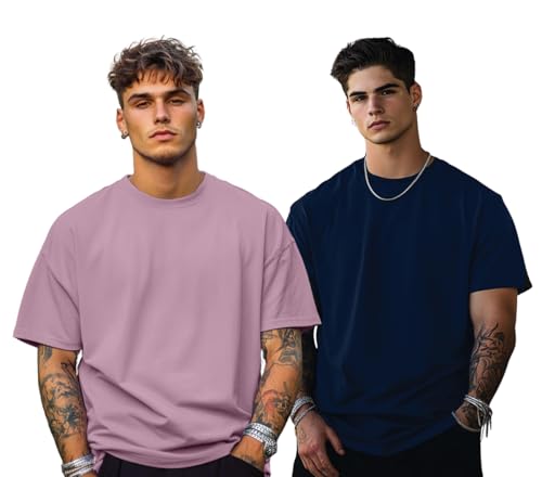 Image of Veirdo Solid Oversized 100% Pure Cotton Combo T-Shirt for Men & Boys (Half Sleeves, Round Neck, Drop Shoulder, Baggy Fit, Pack of 2, Available in S to 2XL