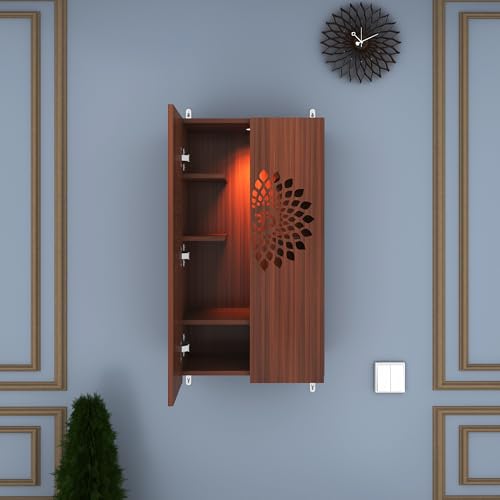Image of Anikaa Spirit LED Light Puja Stand - Walnut (D.I.Y - Do-It-Yourself) - Wall Mountable Temple Shelf for Home & Office Decoration
