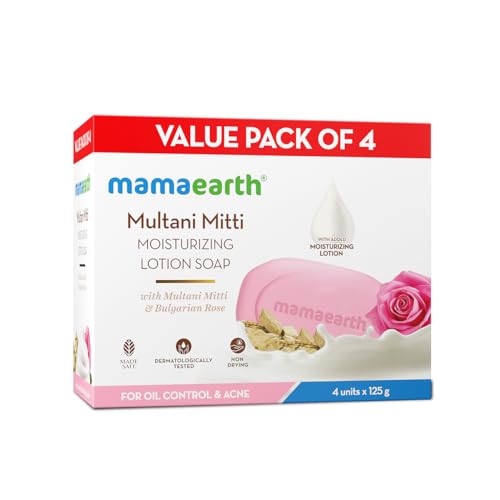 Mamaearth Multani Mitti Moisturizing Lotion Soap with Multani Mitti & Rose for Oil Control & Acne 125g (Pack of 4) | Benefits of Lotion in a soap | De