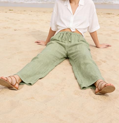Image of CHARTOU Women's Summer Drawstring Waist Wide Leg Loose Cotton Linen Palazzo Pants