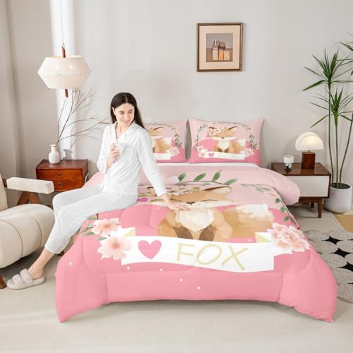 Image of Feelyou Girls Cartoon Fox Comforter Set Cute Fox Bedding Set for Kids Boys Girls Kawaii Animal Duvet Set Botanical Floral Comforter 1 Comforter Set with 2 Pillowcases Queen Size