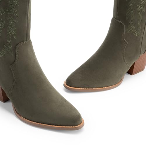 Image of DREAM PAIRS Womens Cowboy Boots Wide Calf Comfortable Pull On Zipper Chunky Heel Pointed Toe Embroidered Western Cowgirl Knee High Boots Ladies Retro Tall Boot