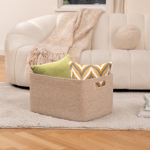OIAHOMY 75L Large Woven Cotton Rope Storage Basket with Handle for Organizing Blanket and Toys for Living Room, Nursery, Brown Variegated 22”x17”x12” - Image 3