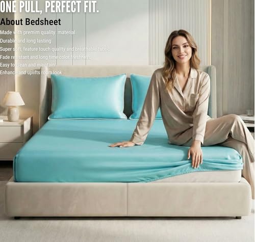 Image of SanMarino Luxury Satin 360 Fitted King Size Bedsheet with 2 Pillow Covers | 300 TC Silky Smooth Satin Bed Sheet | Wrinkle-Resistant Deep Pocket Elasticated Bedsheet | 78 x 72 + 10 Inches (Aqua Blue)
