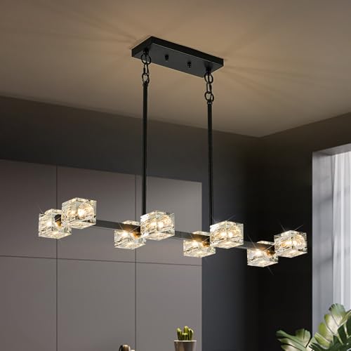 Image of Black Gold Crystal Chandelier Modern 8-Light Sputnik Ceiling Pendant Lights L 31.5 inch Industrial Adjustable Hanging Light Fixture for Dining Room Kitchen Island Living Room Bar Over Table
