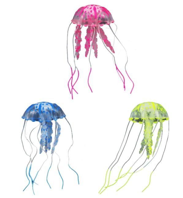 Image of Jufamilee 3 Pcs Fish Tank Decorations - Jellyfish Aquarium Ornament, Fake Fish Plants, Silicone Ornaments - Thematic Aquarium Decor (Pink, Blue, Yellow)