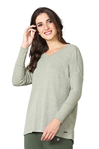 Image of Van Heusen Women Lounge Relaxed Fit T-Shirt - Ecoliva Viscose-Polyester - V-Neck, Full Sleeve, Sustainably Enhanced, Ultra Soft