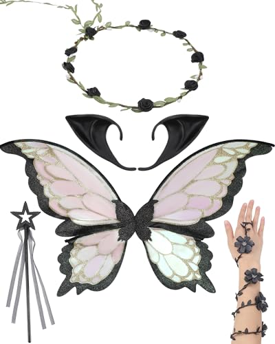 PartyforU Feenflügel Erwachsene Damen Kostüm 5 Stück Elfenohren Blumenkranz Dunkle Schmetterlingsflügel Elfenstab Halloween Renaissance Wald Cosplay Faschingskostüme Accessoires