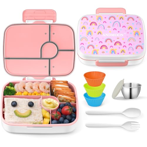 Image of Bento Box for Kids Lunch Box Leak-Proof, Bento Lunch Box with 5 Compartments, Lunch Containers with 3 Silicone Baking Cups, Microwave /Dishwasher Safe (43OZ) (Pink with snack cup)