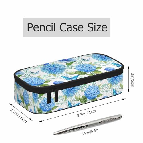 Image of Blue Flower Pencil Holder Bag Hydrangea Butterflies Floral Green Leaves Pencil Case College Office School for Teens Boy Girl