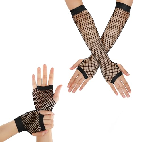 Yolev 2 Pares Guantes de Rejilla de Color Negro para Mujer Guantes sin Dedos Guantes Largos y Cortos de Rejilla Suministros para Disfraces de Fiesta de Discoteca Retro de los años 80