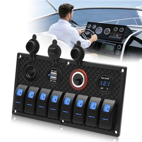Geloo 8 Gang Marine Rocker Switch Panel, Boat Switch Panel Waterproof, 12V Switch Panel Toggle Switches Panel with LED Circuit Breaker 3.1A USB Charger Voltmeter ON/Off for Car Rvs Vehicles (Blue) by Geloo - Used condition - US$40.62