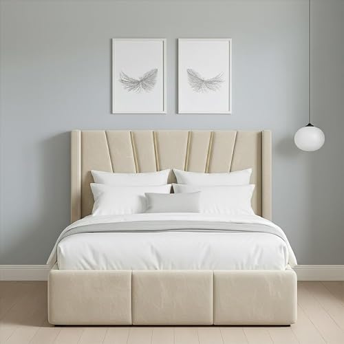 Image of Cream Plush Velvet Single Bed Frame – 3FT Strong & Comfortable Sunrise Wing Headboard & Footboard, Supportive, Easy-to-Assemble, Perfect for Everyday Sleep