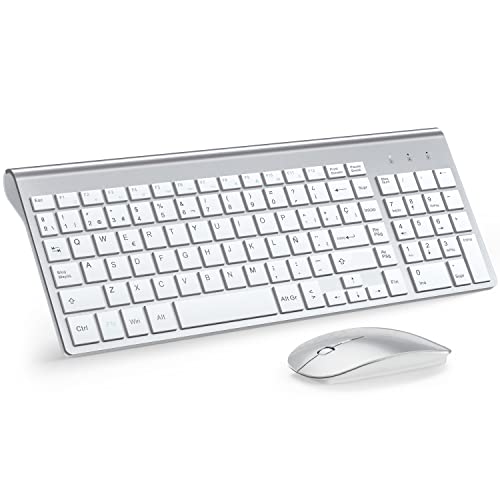 TopMate Pack Teclado y Raton 2400DPI, Inalámbricos Ultra Delgado, 2.4G Compacto Silencioso Teclado de Tamaño Completo con Cubierta, 2 Pilas AA y AAA, para PC/Laptop/Windows Blanco Plateado