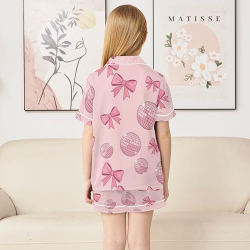 Satin Pajama Sets Short Sleeve Pink Disco Balls Bows Button Down Silky Nightwear 2 Piece PJS 5-14Y4