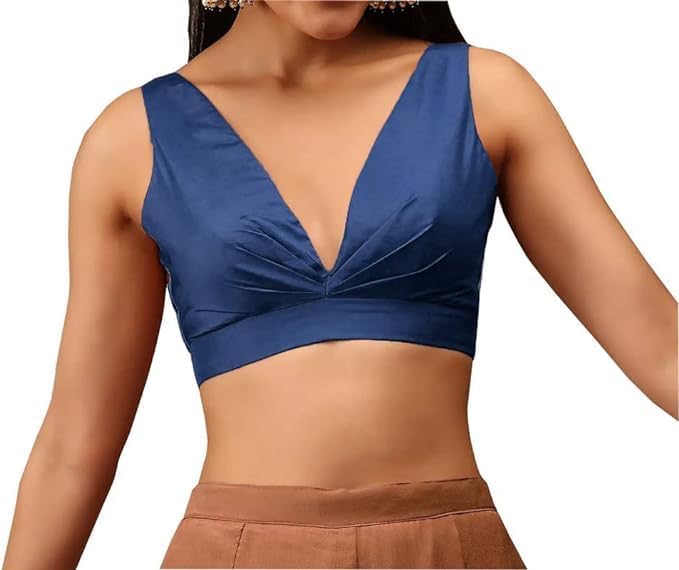 Readymade Indian Bollywood Satin Silk Saree Blouse Women's Solid Plain Top Sleeveless, V-Neckline Sari Choli
