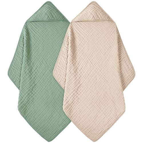 Image of FIEMOL Baby Bath Towels, 100% Muslin Cotton Hooded Baby Towels for Newborn, Baby Towels with Hood for Infant Toddler and Kids, Large 32x32Inch, Soft and Absorbent