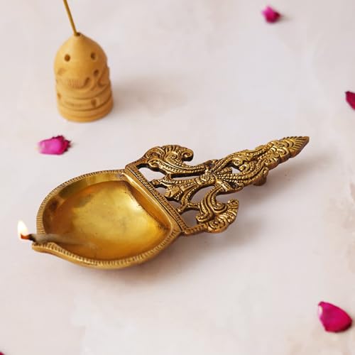 Image of eCraftIndia Golden Ethnic Design Brass Diya with Handle - Ideal for Home Temple for Ganesh Chaturthi, Navaratri, Diwali