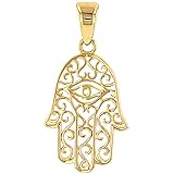 Solid 14K Yellow Gold Filigree Hamsa Hand of Fatima with Evil Eye Charm Pendant