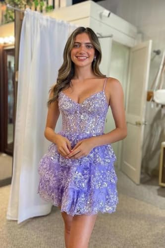 Spaghetti Straps Tiered Sequin Homecoming Dresses 2023 Lace Short Prom Dress for Teens A Line Sparkly Cocktail Gown3