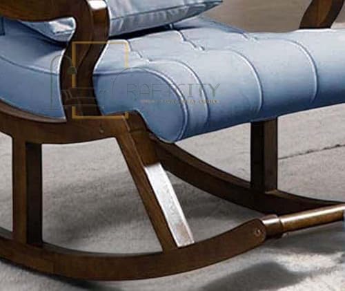 Image of CRAFTCITY Sheesham Wood Elegant Chair with Pillow and Matching Foot Stool /Living Room Chair /Rose Wood Rocking Chair,Pre-Assembled (Sky Blue, Rocking Chair with Ottoman)