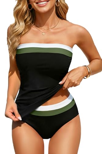 Best Bathing Suits for Broad Shoulders: 7 Stylish Picks for Women Over 50 8 Daci Black Color Block Bandeau Tankini Swimsuits for Women - Two Piece Ruched Tummy Control Bathing Suit Strapless Swimwear with Bottom L