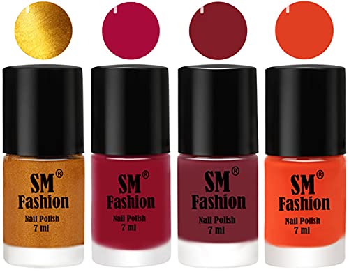 Image of Nail Polish Combo Set (Pack of 4) Quick Dry Gel Finish Nail Paint | Golden,Raspberry,Lip,Reddish Orange | 7 ml Each