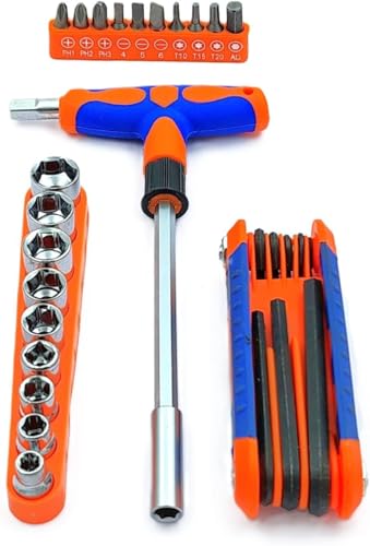 Image of Set of 25 Pcs Magnetic T-Handle Ratchet Wrench and Screwdriver Set 9 Pc x sockets, 10 Pcs x Screw driver heads Set, 1 x Allen key Set, & 1 Pc x T-Handle Wrench