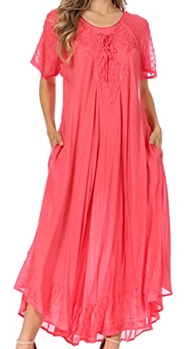 Image of Sakkas Egan Long Embroidered Caftan Dress /Cover Up with Embroidered Cap Sleeves