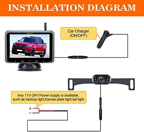 Installation diagram showing wiring for the LeeKooLuu wireless backup camera and monitor