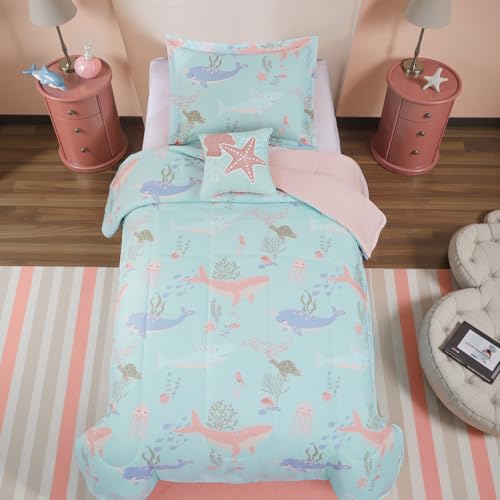 Twin Comforter Set for Girls Kids - 3 Pieces Ocean Animals Twin XL Bedding Set with 1 Comforter, 1 Decor Pillow & 1 Pillow Sham