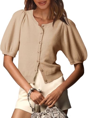 Image of Saodimallsu Womens Puff Short Sleeve Cardigan Lightweight Summer Button Down Shirts Knit Crew Neck Sweater Tops