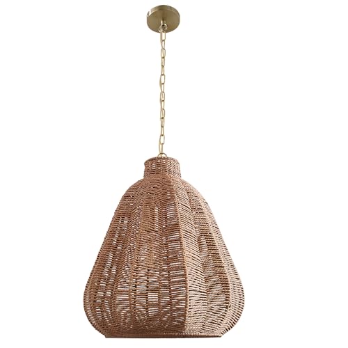 Image of 3-Light Rustic Twisted Rope Pendant Light with Gold Chain, Handcrafted Boho Hanging Ceiling Fixture, Natural Rattan Woven, E26 Bulb Compatible (16 inch)
