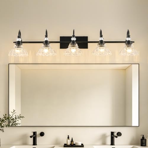 Image of Black Bathroom Vanity Light, 5-Light Matte Black Finish Farmhouse Wall Sconce with Hanging Crystal Accent and Flower-Shaped Clear Glass Shade, Wall Mount Vanity Light Over Mirror for Bathroom