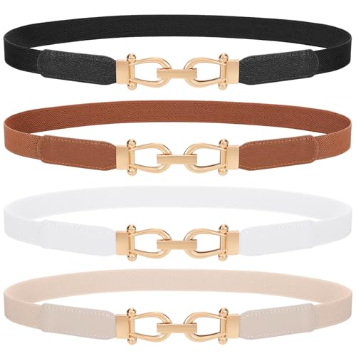 4 Pack Skinny Elastic Belts for Women Gold Buckle Thin Stretchy Waist Belts for Dresses