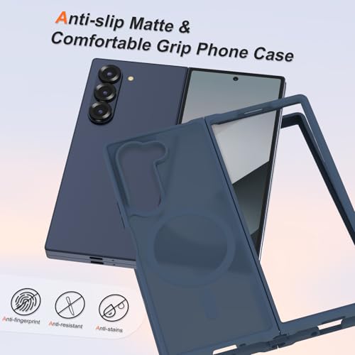 Image of ORETECH Magnetic Case Compatible with Samsung Galaxy Z Fold 6 Case, Translucent Back Non-Slip Hard PC Shockproof Bumper Protective Phone Case Cover for Samsung Z Fold 6 - Navy Blue