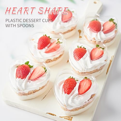 Qeirudu 50 Pack 5 oz Heart Shaped Dessert Cups with Lids and Spoons, Valentine's Day Mini Dessert Shooter Cups for Party Serving Parfait Cheesecake Mousse Pudding