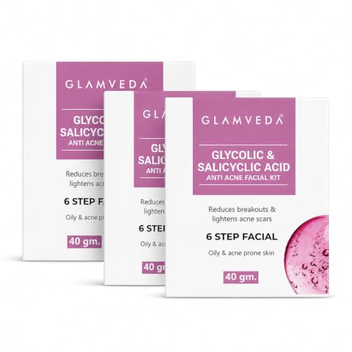 Image of Glamveda Glycolic & Salicylic Anti Acne Facial Kit (Pack Of 3) 120 gm | Pimple Care & Brightening Facial Kit For Women| No Paraben, SLS |