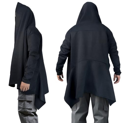 Mens Streetwear Long Hooded Cardigan with Ruffle Shawl Collar, Open Front, Lightweight Drape Cape and Belt,Samurai Cosplay3