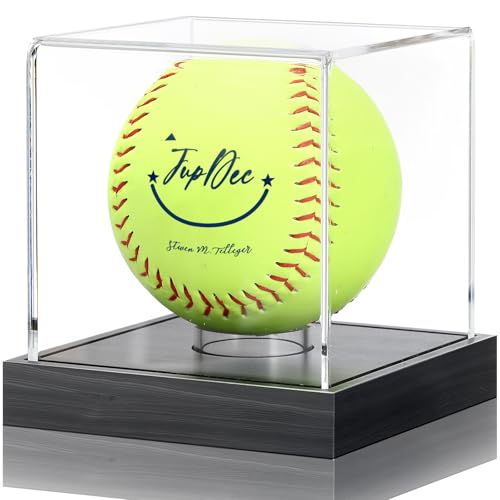 Image of JupDec Softball Display Case Clear Acrylic Ball Holder, UV Protected Cube with Wood Base Stand, Championship Sports Collections Box Showcase, Black