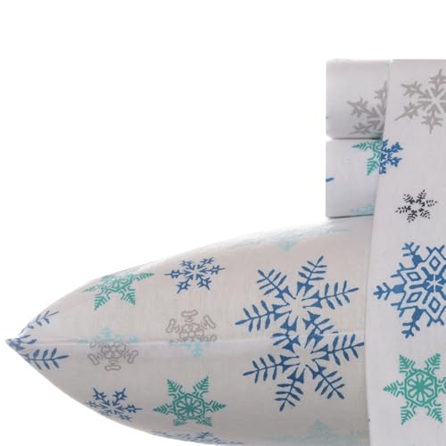 Image of Eddie Bauer - Flannel Sheets King Size, Anti-Pilling & Wrinkle Resistant Cotton, Touchably Soft for All-Season Comfort - Bed Sheets with Matching Pillowcase & Fitted Sheet (Tossed Snowflake Blue)