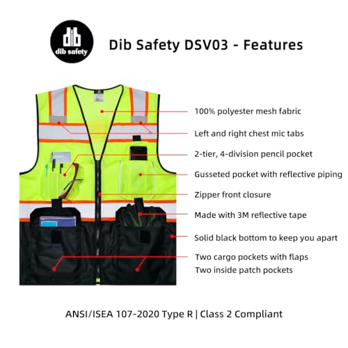 Dib Safety Vest Reflective with Pockets and Zipper, High Visibility Mesh ANSI Class 2, Made with 3M Reflective Tape, Yellow and Black 4XL by Dib Safety - Image 4