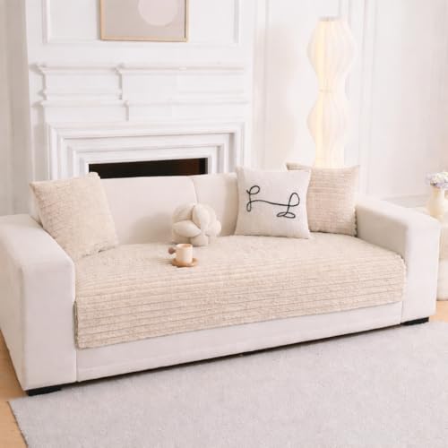Image of HOMETHREADS 600GSM Thick & Soft Rabbit Fur Plush Sofa Cover-Luxurious Cozy Slipcover, Washable & Pet-Friendly, Anti-Scratch Protector for Sofas (Cream, 1 Seater Large| 90x70cm)