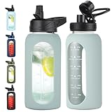 EALGRO 32 oz Glass Water Bottle with Straw and Handle, Sports Motivational Water Flask with Silicone Sleeve, Large Leakproof Water Flask Cup with Time Marker for Travel, Gym, Sage