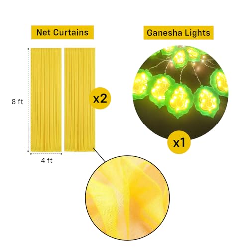 Image of Party Propz Yellow Backdrop for Decorations with Ganpati Curtain Lights, Haldi Decoration Items for Home Decor, Backdrop Cloth for Decoration Pooja, Wedding Decor (3Pcs)(Net)