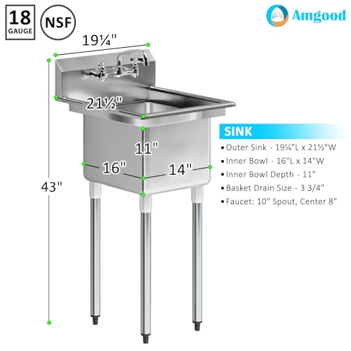 Image of Stainless Steel Prep & Utility Sink | 304 Stainless Steel | Restaurant, Kitchen, Laundry, Garage (Bowl Size: 16 inch x 14 inch + Faucet)