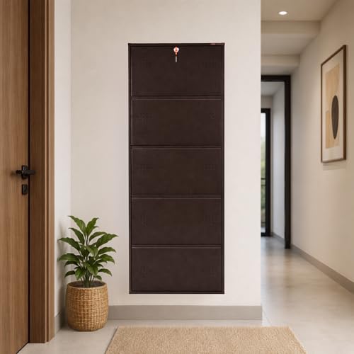Image of 5 Door Wall Mounted Metal Shoe Rack Cabinet with Lock | Space Saving Shoe Storage Cabinet for Home, Entryway & Balcony | Dustproof Ventilated Shoe Organizer | Brown | 63 x 21 x 6 Inch